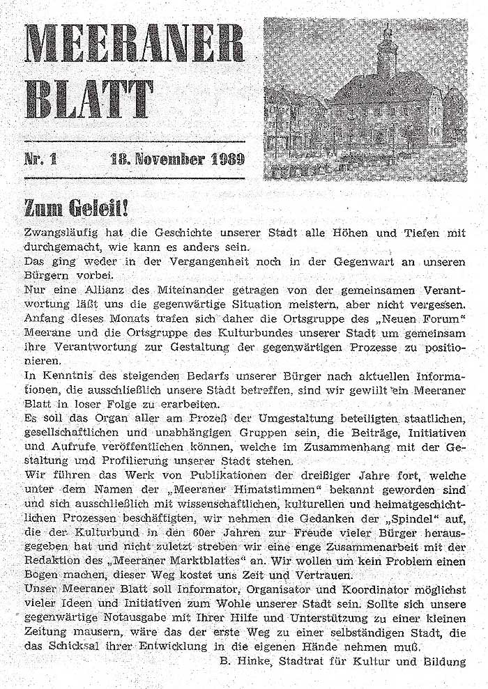 Nachruck Meeraner Blatt Nr. 1 Seite 1 